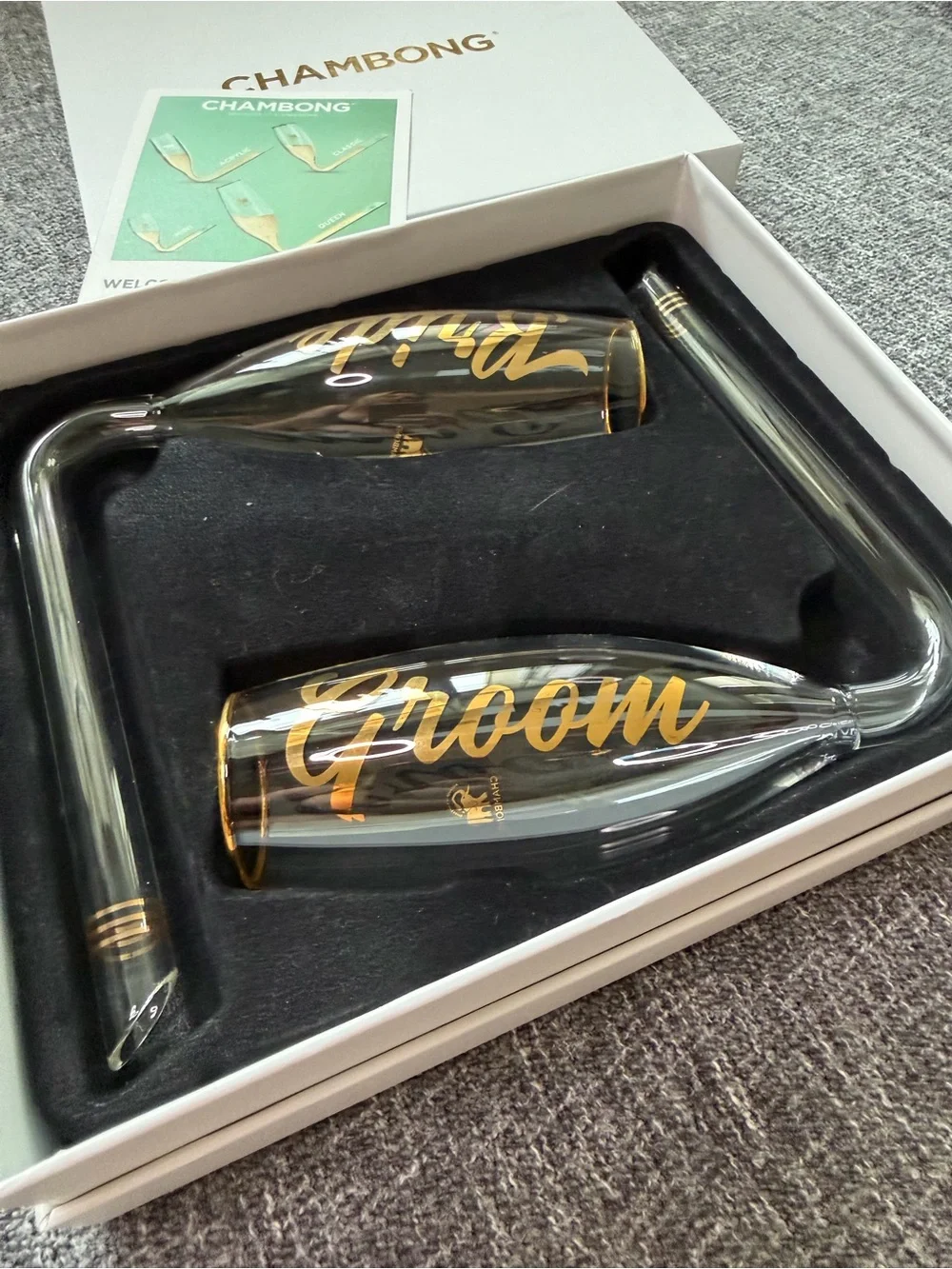 CHAMBONG - Bride & Groom Glass Champagne Flutes Shooters with gold accents